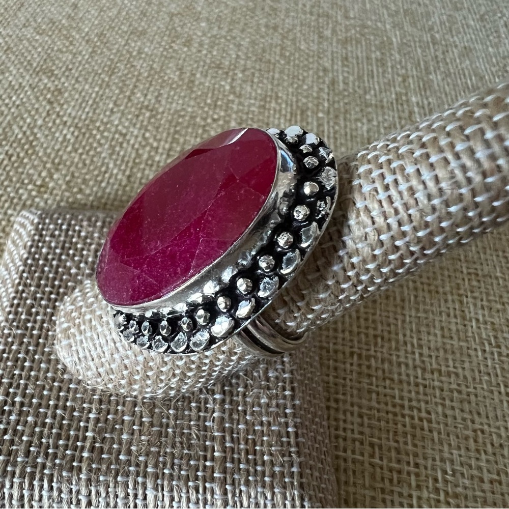 Enhanced Faceted Ruby Silver Overlay Ring Size 8 - image 3